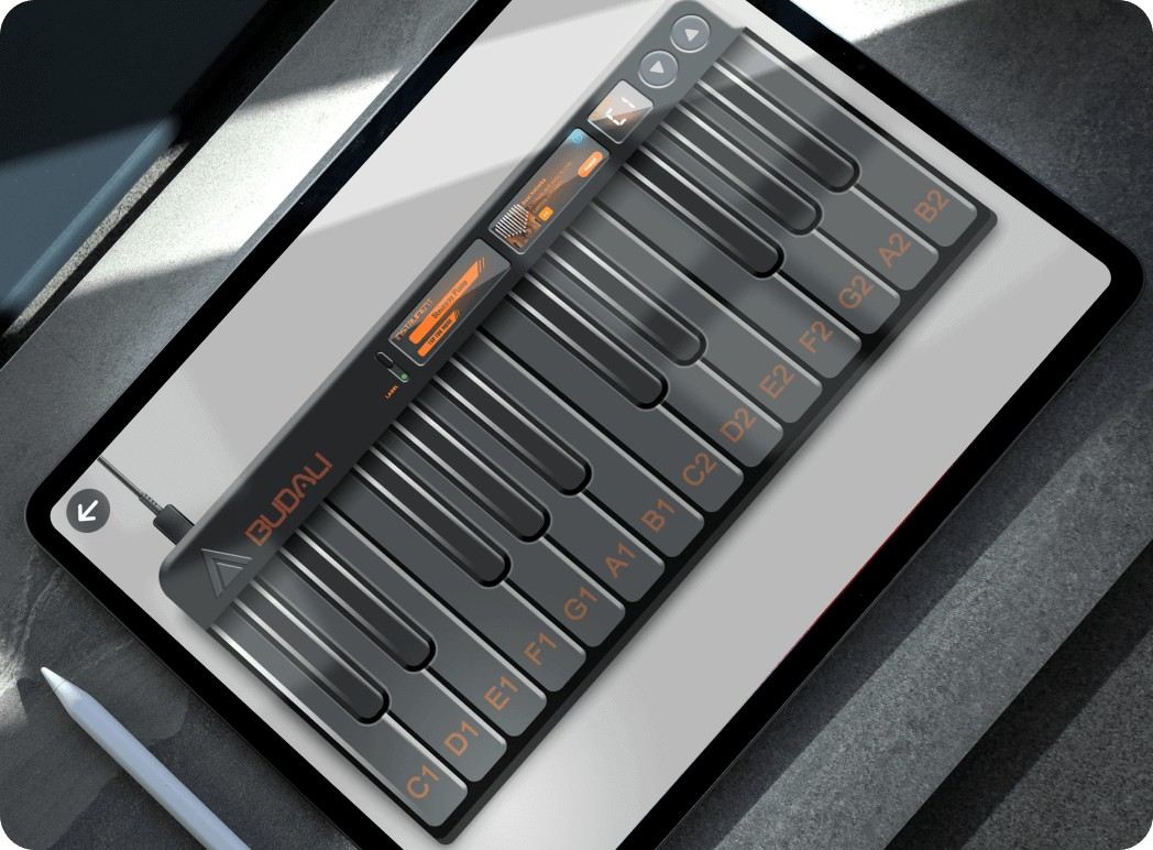 A white apple pen and iPad placed on clean concrete with the display showing the virtual piano Luminous Virtual Piano, with a beautiful soft shadow hitting the edge of the iPad screen.